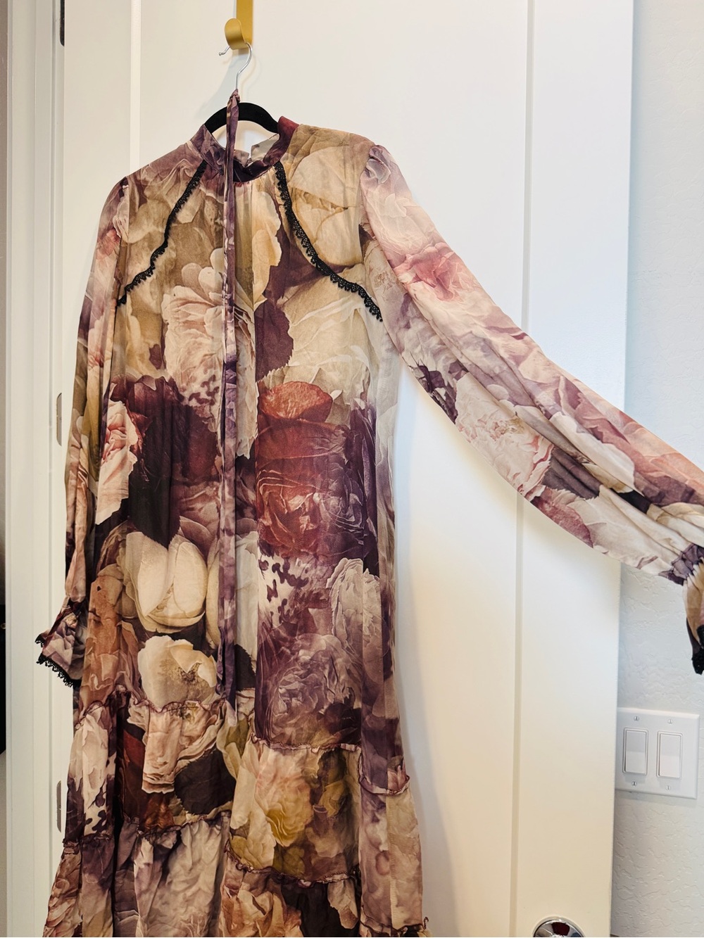 Floral Tiered Long-Sleeve Midi Dress in Mauve and Cream Modest - Picture 2 of 4